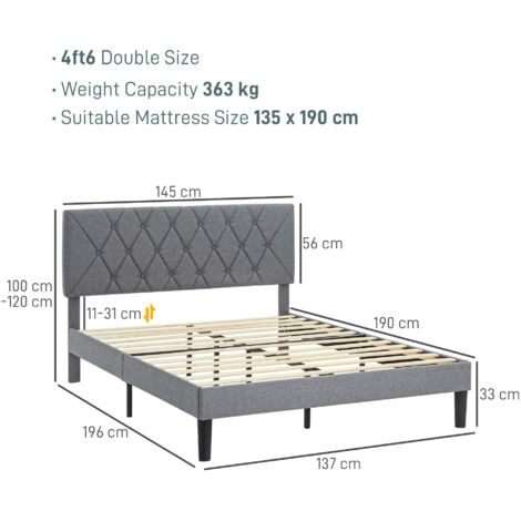 HOMCOM Double Bed Frame with 5-Level Adjustable Linen Headboard