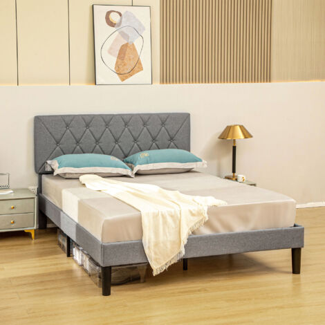 HOMCOM King Size Bed Frame with 5-Level Adjustable Linen Headboard