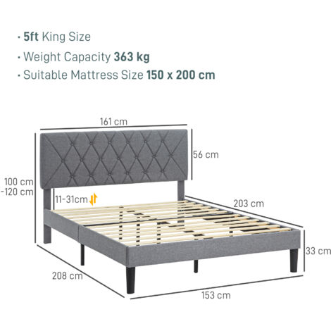 HOMCOM King Size Bed Frame with 5-Level Adjustable Linen Headboard