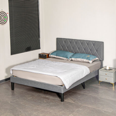 HOMCOM King Size Bed Frame with 5-Level Adjustable Linen Headboard