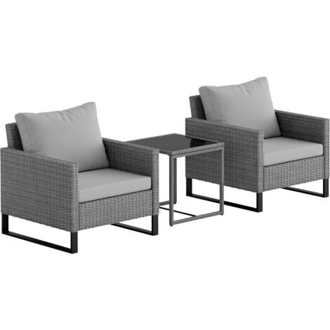 Outsunny 3PCS Rattan Bistro Set Glass Top Table and Chairs with 4 Cushions Grey