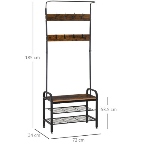 HOMCOM Industrial Coat Rack Stand with 8 Hooks Hangers Storage Cabinet Brown