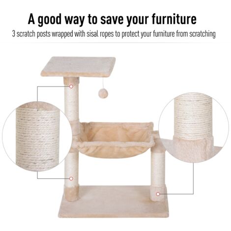 PawHut 70cm Cat Tree for Indoor Cats Durable Natural Sisal Scratching Posts Hammock Bed Beige