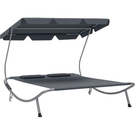 Outsunny Garden Double Hammock Sun Lounger Day Bed Canopy 2 Pillows w/ Stand Light Grey