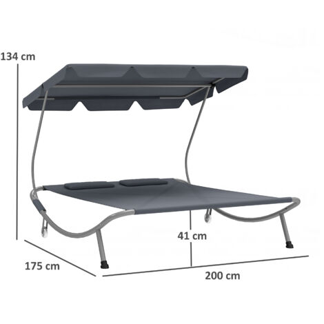 Outsunny Garden Double Hammock Sun Lounger Day Bed Canopy 2 Pillows w/ Stand Light Grey