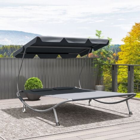 Outsunny Garden Double Hammock Sun Lounger Day Bed Canopy 2 Pillows w/ Stand Light Grey