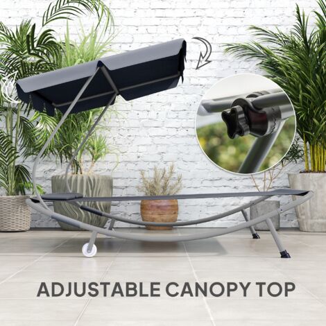 Outsunny Garden Double Hammock Sun Lounger Day Bed Canopy 2 Pillows w/ Stand Light Grey