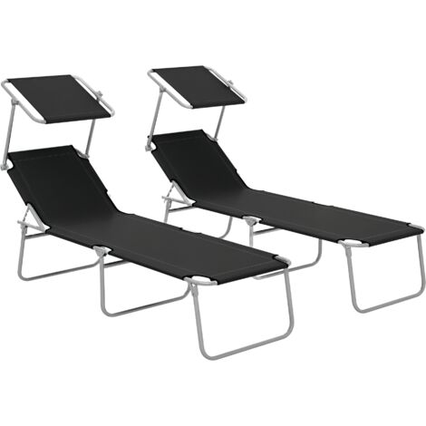 Outsunny Folding Sun Lounger Set of 2 w/ Sunshade Adjustable Backrest Black