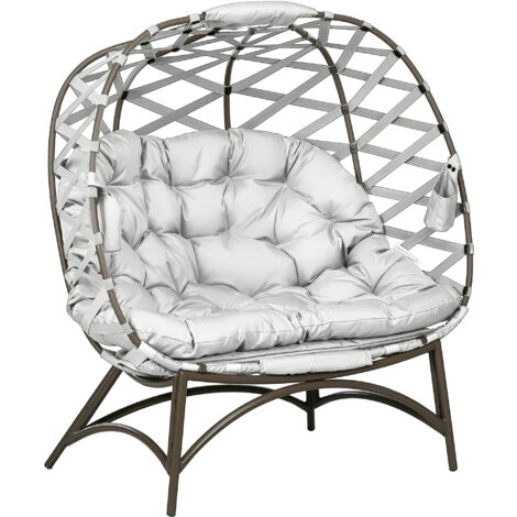 Outsunny 2 Seater Egg Chair Outdoor with Cushion, Cup Pockets Light Grey