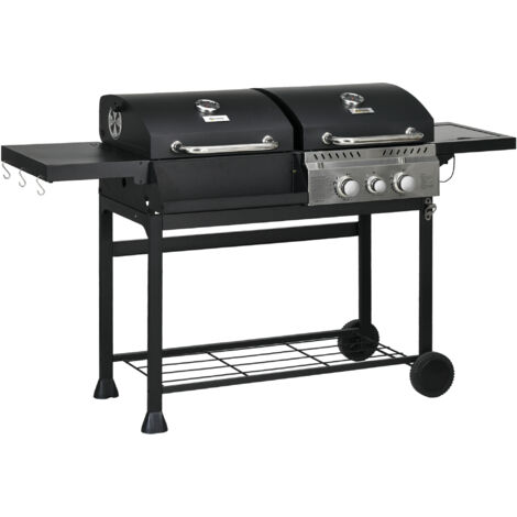 Outsunny Dual Fuel BBQ Grill with Warming Rack, Barbecue 2+1 Gas Burner