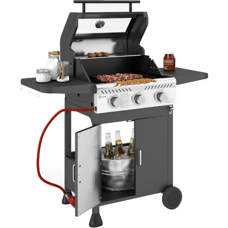 Outsunny 3 Burner Propane Gas BBQ Grill with See-through Lid and Thermometer