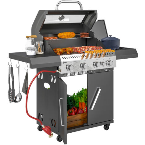 Outsunny 4+1 Burner Gas BBQ Grill with Clear View Lid, Thermometer, Black