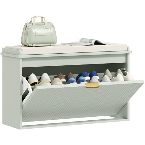 HOMCOM Shoe Storage Bench with Cushion and Flip-Drawer 80x26x47.5cm Green
