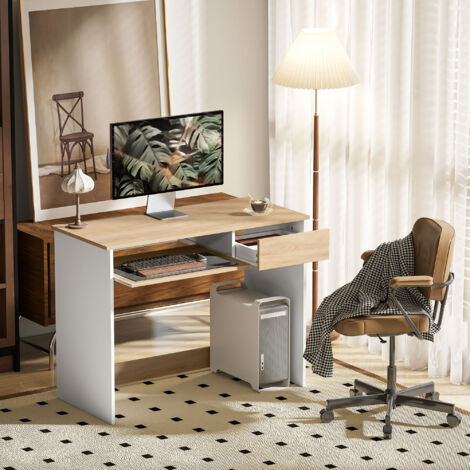 Computer Handle Table HOMCOM Compact Computer Table with Keyboard Tray and Drawer, Oak