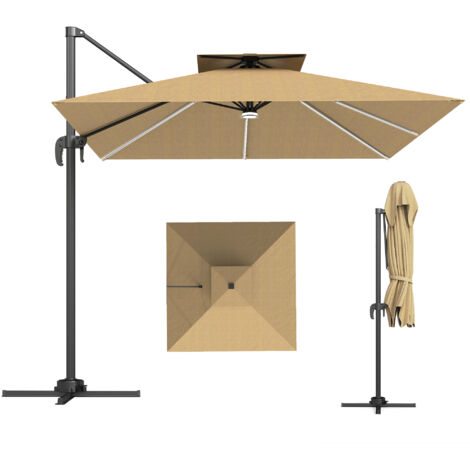 Outsunny 2.5m Cantilever Parasol, Garden Parasol with Lights, Khaki (1/5)