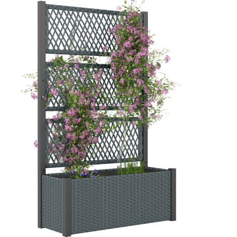Outsunny Garden Planter Box with Trellis, Rattan Raised Bed, Charcoal Grey