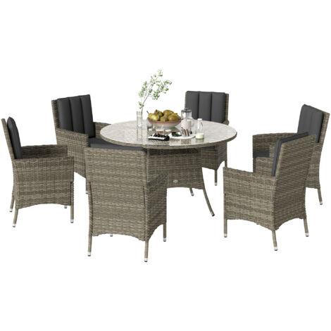 Outsunny 6 Seater Rattan Dining Set with Seat Back Cushions, Aluminium Frame main image 0