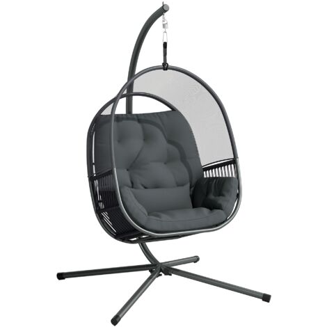 Outsunny Hanging Egg Chair with Stand, Cushions for Garden, Dark Grey