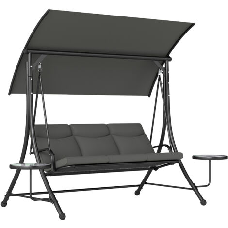 Outsunny 3 Seat Garden Swing Chair Steel w/ Adjustable Canopy and Coffee Tables