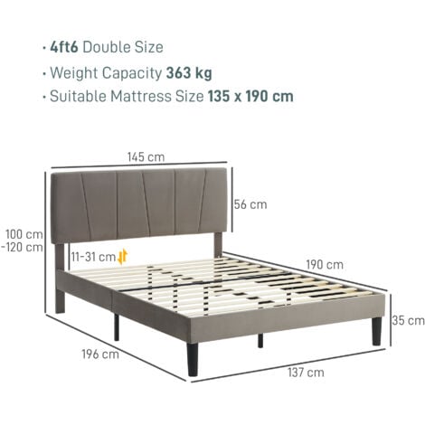 HOMCOM Double Bed Frame with 5-Level Adjustable Headboard Wooden Slats