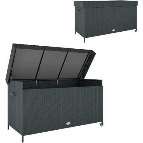 Outsunny 627 L Rattan Garden Storage Box with Gas Lift Lid and Wheels, Black