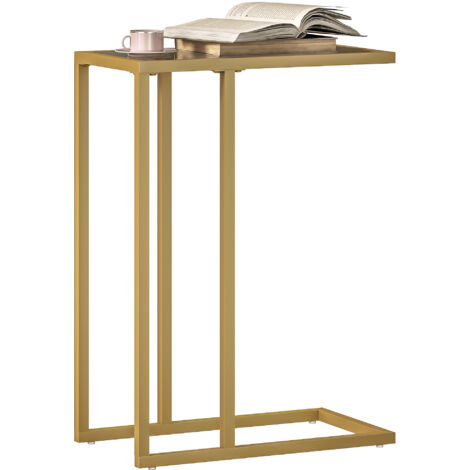 HOMCOM C-Shaped Side Table, End Table with Tempered Glass Tabletop, Gold (1/5)