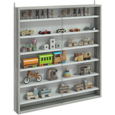 HOMCOM 7-Tier Wall Display Cabinet w/ Glass Doors, Graphite Wood Effect