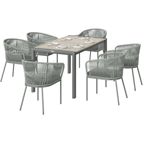 Outsunny 6 Seater Rattan Dining Set with Acacia Wood Table Top Seat Cushions