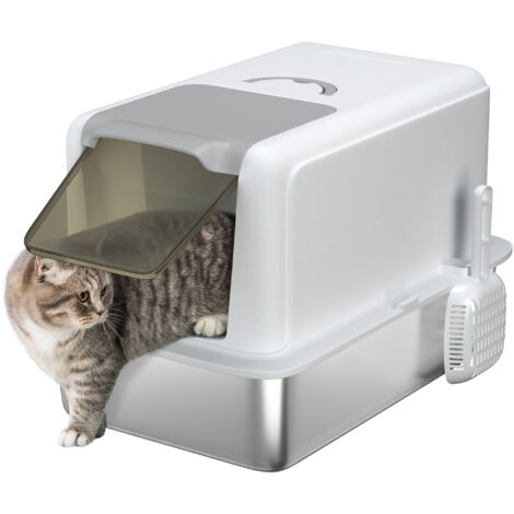 PawHut Stainless Steel Cat Litter Box with Removable Lid, Scoop, White