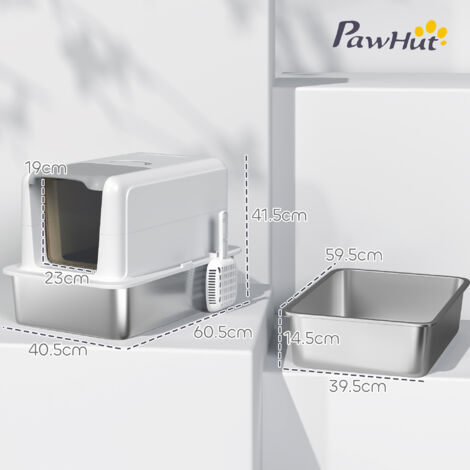 PawHut Stainless Steel Cat Litter Box with Removable Lid, Scoop, White