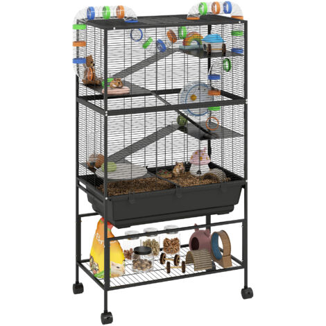 PawHut Hamster Cage, 5 Tier Gerbil Cage on Wheels with Storage Shelf