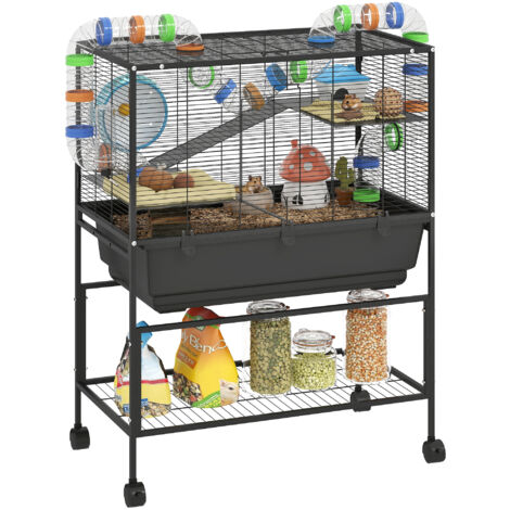 PawHut Hamster Cage, 3 Tier Gerbil Cage on Wheels with Storage Shelf (1/5)