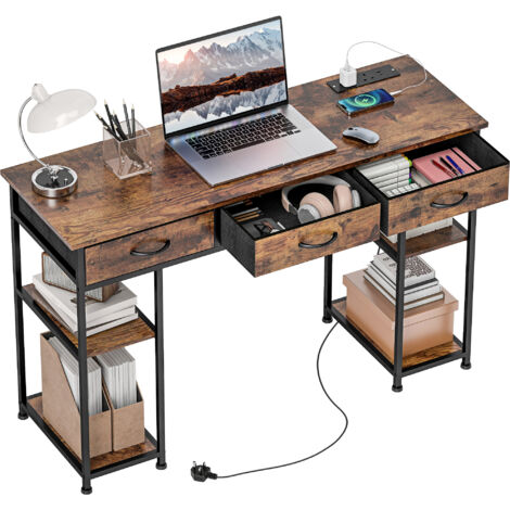 HOMCOM Computer Writing Desk with Power Outlets, Drawers, Shelves, Brown (1/5)