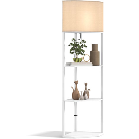 HOMCOM Corner Modern Floor Lamp with Shelves for Living Room, Bedroom, White