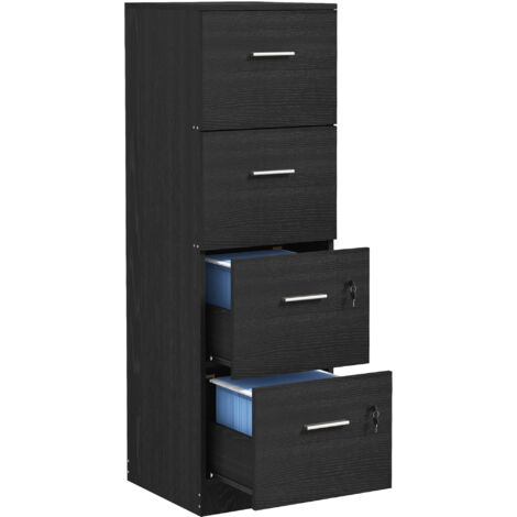 HOMCOM 4 Drawer File Cabinet Locking Filing Cabinet, Black Wood Effect
