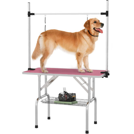 PawHut Metal Adjustable Dog Grooming Table Rubber Top 2 Safety Slings Mesh Pink