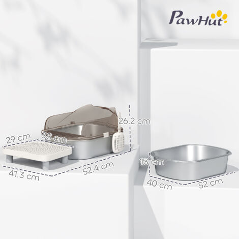 PawHut Stainless Steel Litter Box, Cat Litter Tray w/ Lid, Pedal, Scoop