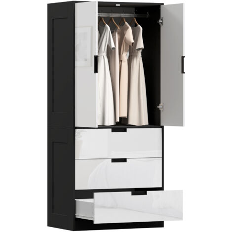 HOMCOM 2 Door Wardrobe Grey Wardrobe with 3 Drawer and Hanging Rod for Bedroom White and Black