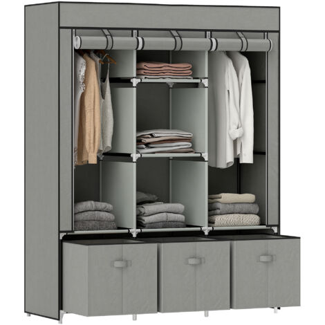 HOMCOM Large Fabric Wardrobe Closet 2 Rails, 5 Shelves 3 Drawers, Light Grey (1/5)
