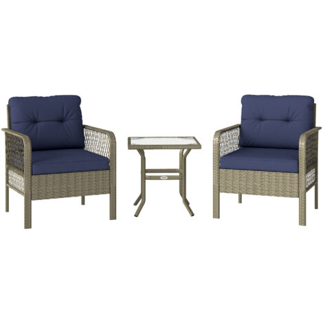 Outsunny 3 Pieces Patio Rattan Bistro Set with Tempered Glass Table Charcoal grey