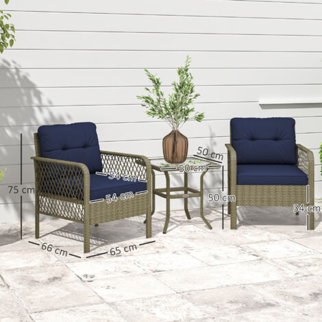Outsunny 3 Pieces Patio Rattan Bistro Set with Tempered Glass Table Charcoal grey