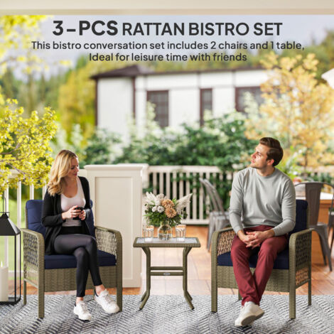 Outsunny 3 Pieces Patio Rattan Bistro Set with Tempered Glass Table Charcoal grey