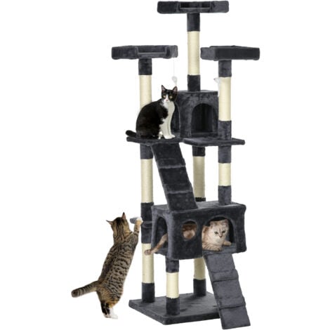 PawHut Cat Tree Scratcher Activity Centre, Condo Scratching Post Toy Bed Charcoal grey