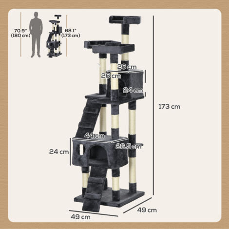 PawHut Cat Tree Scratcher Activity Centre, Condo Scratching Post Toy Bed Charcoal grey