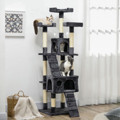 PawHut Cat Tree Scratcher Activity Centre, Condo Scratching Post Toy Bed Charcoal grey