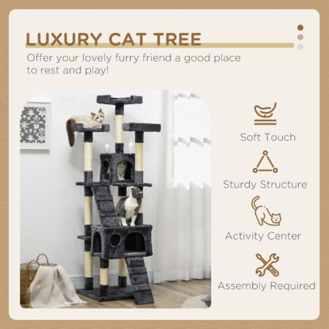 PawHut Cat Tree Scratcher Activity Centre, Condo Scratching Post Toy Bed Charcoal grey