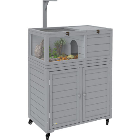 PawHut Tortoise House with Storage Cabinet, Lamp Holder, Openable Top