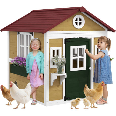 Outsunny Wooden Playhouse with Doors, Wooden, Plant Pots for Kids - Beige