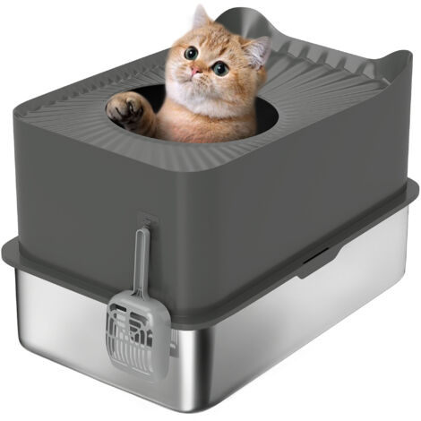 PawHut Stainless Steel Cat Litter Box, Enclosed Metal Litter Tray, Dark Grey