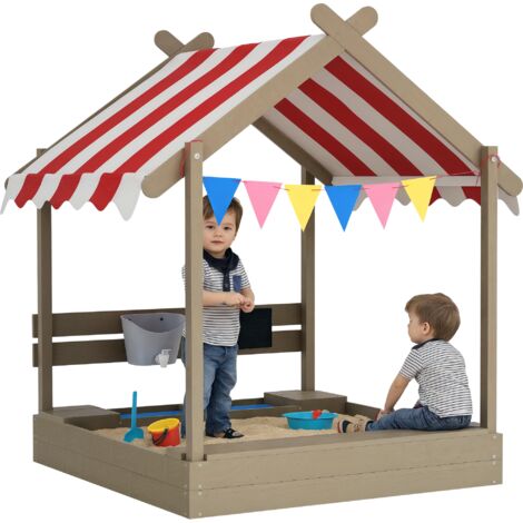Outsunny Sand Pit with Canopy, Blackboard, Toys, Sink, Seats, Flags for Kids